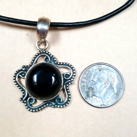 Vintage Onyx 925 Sterling Silver Leather Cord Pendant Necklace - Picture 11 of 15